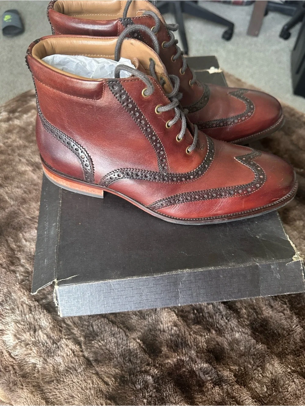 🔥Cole Haan Men's Brown Leather Wingtip Boots - Classic Dress Lace-Up